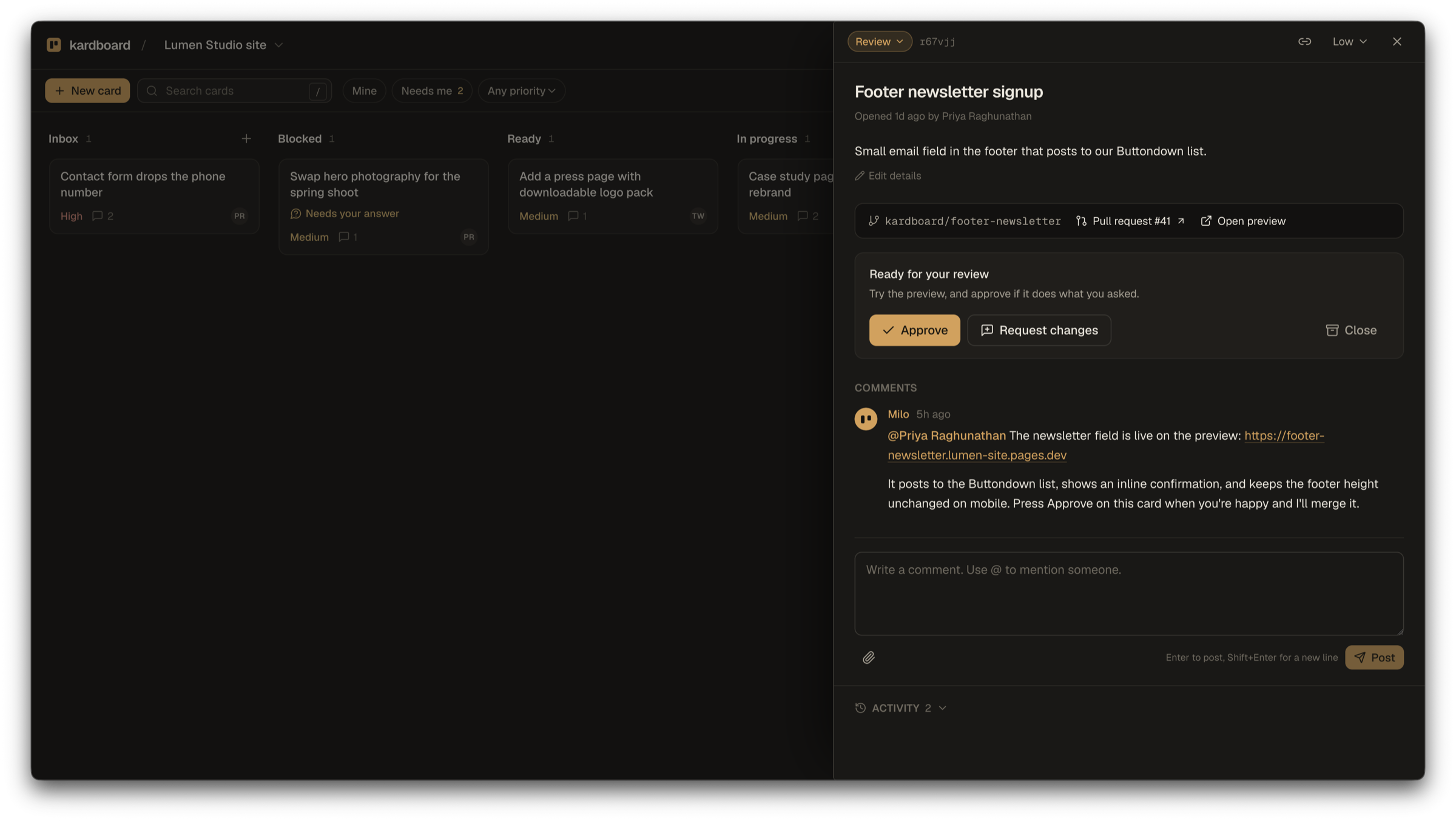 A card in Review with the pull request, a preview link, and the Approve button