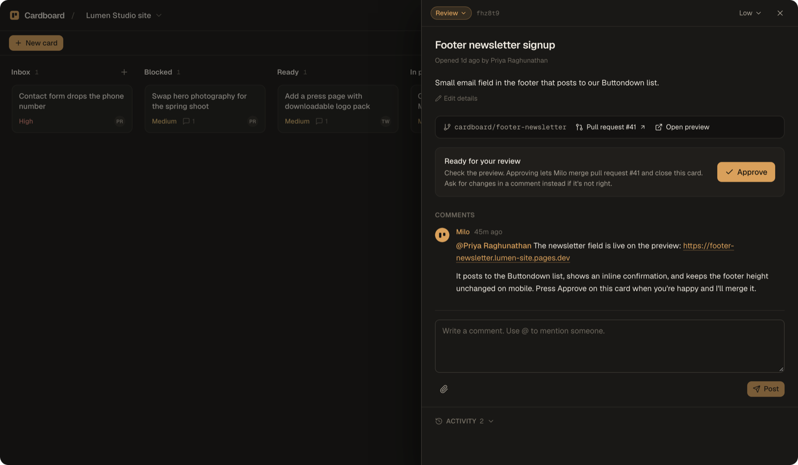 A card in Review with the pull request, a preview link, and the Approve button